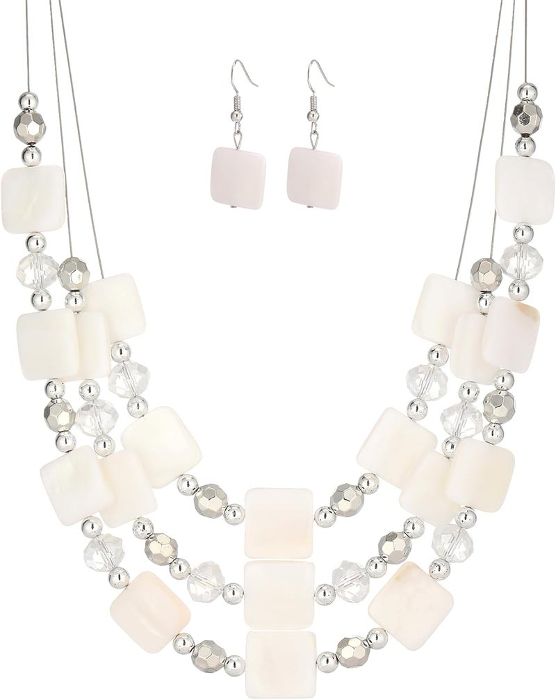 Errally Store Layered Beaded Statement Necklaces for Women Square Shell Bead Collar Necklace and Earring Set Birthday Gifts Boho Jewelry Sets for Women - Image 1